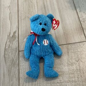 Ty Blue Bear Plush with Baseball Patch and Ribbon